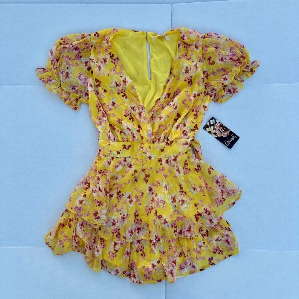 Hint of Blush Yellow Floral Puff Sleeve Ruffle Mini Dress M